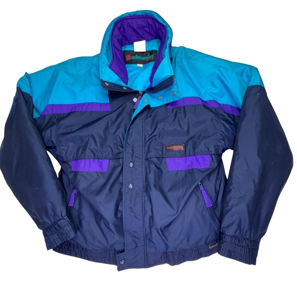 Vintage 90s Edelweiss Ski Jacket 2 in 1 Teal Purple Colorblock Mens L Retro‎